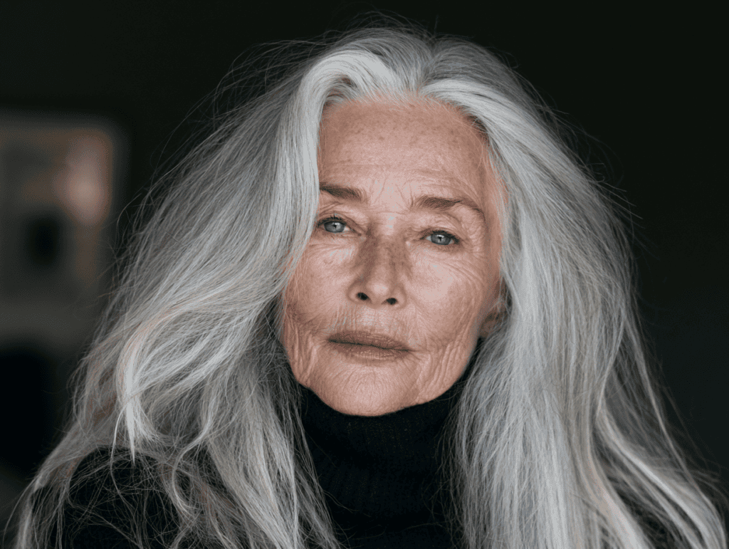 70 year old woman long gray hair